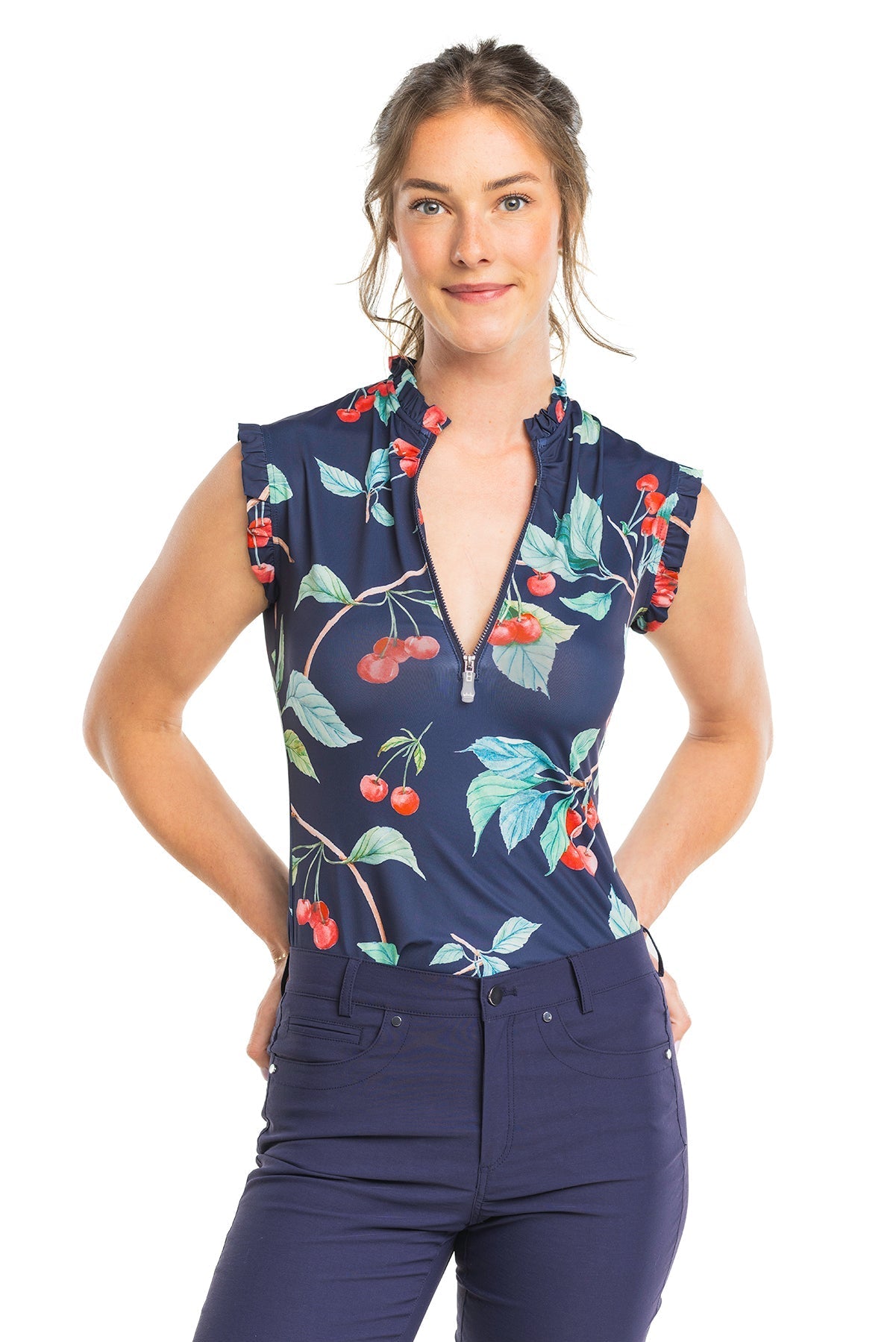 Kastel Denmark Navy Cherries Ruffle Sleeveless 1/4 Zip Sun Top - Kastel Denmark - Equiluxe Tack