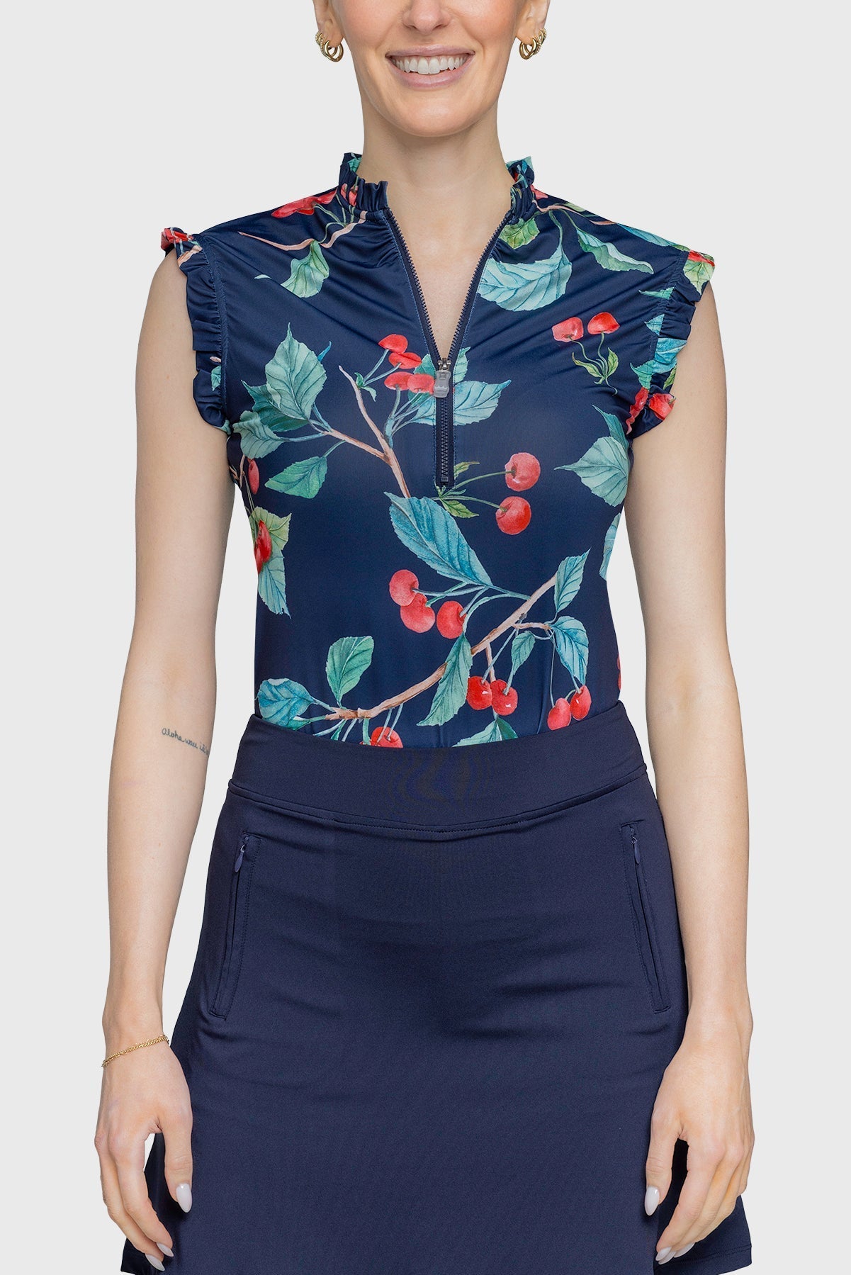 Kastel Denmark Navy Cherries Ruffle Sleeveless 1/4 Zip Sun Top - Kastel Denmark - Equiluxe Tack