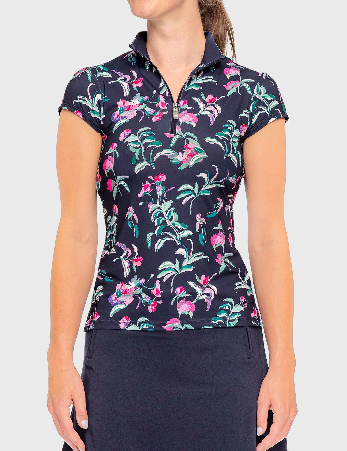 Kastel Denmark Navy Garden Blooms Cap Sleeve 1/4 Zip Sun Shirt - Kastel Denmark - Equiluxe Tack