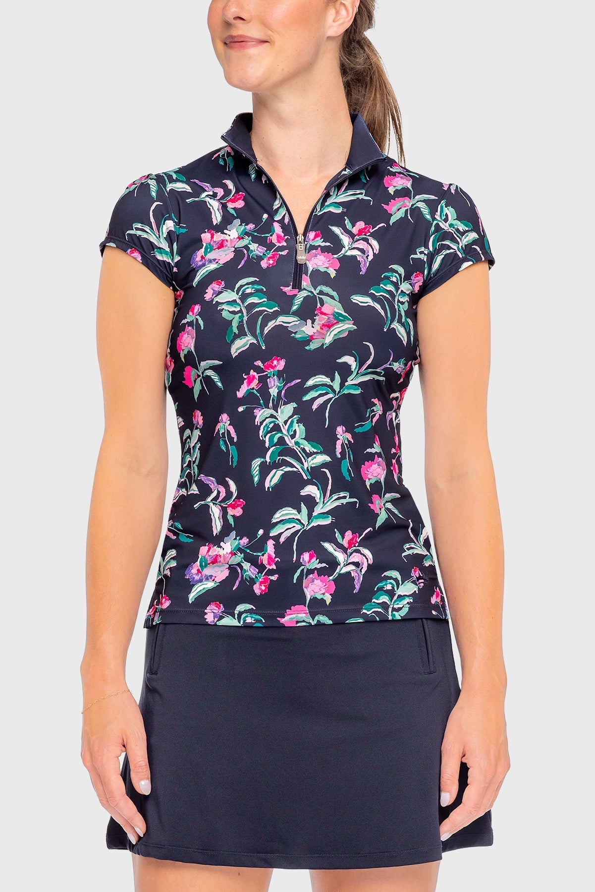 Kastel Denmark Navy Garden Blooms Cap Sleeve 1/4 Zip Sun Shirt - Kastel Denmark - Equiluxe Tack