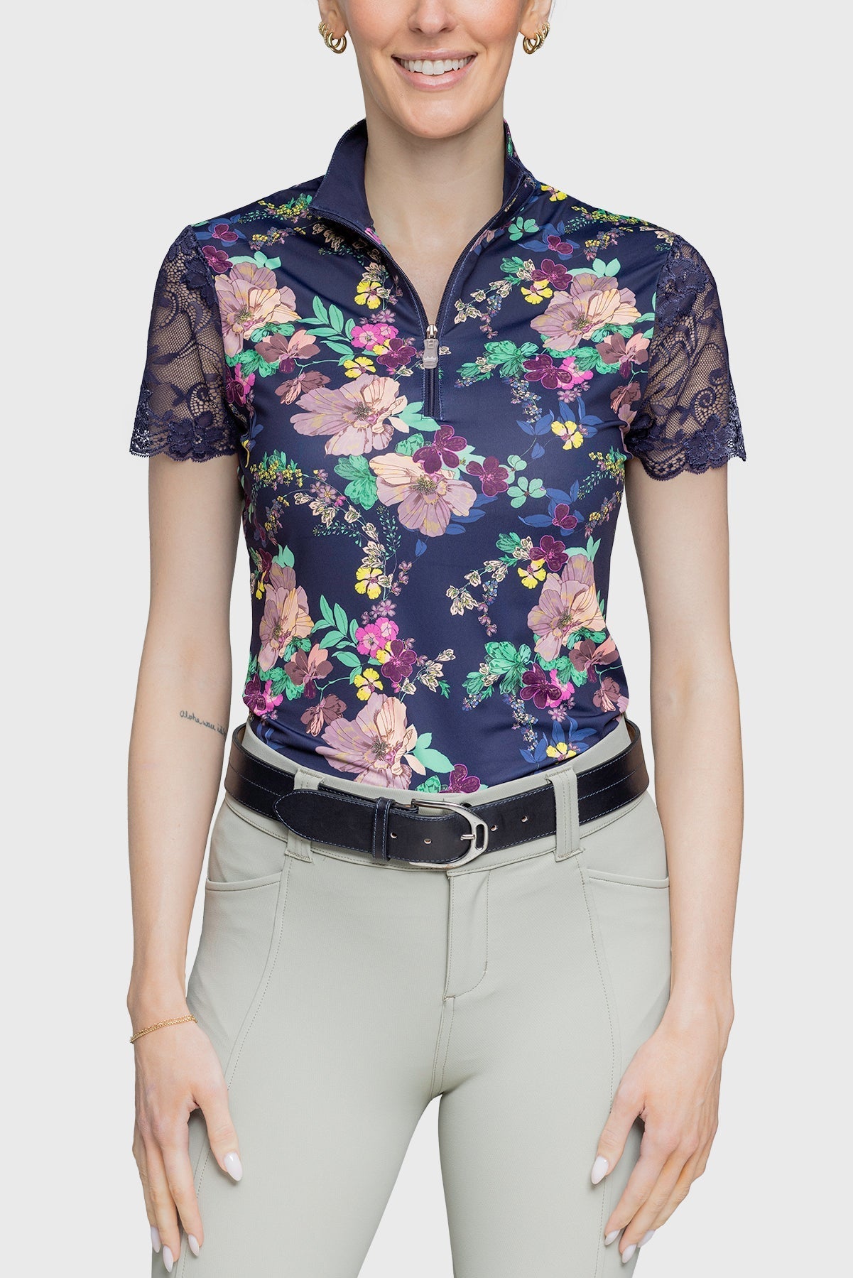 Kastel Denmark Navy Lush Garden Galloon Lace 1/4 Zip Short Sleeve Shirt - Kastel Denmark - Equiluxe Tack