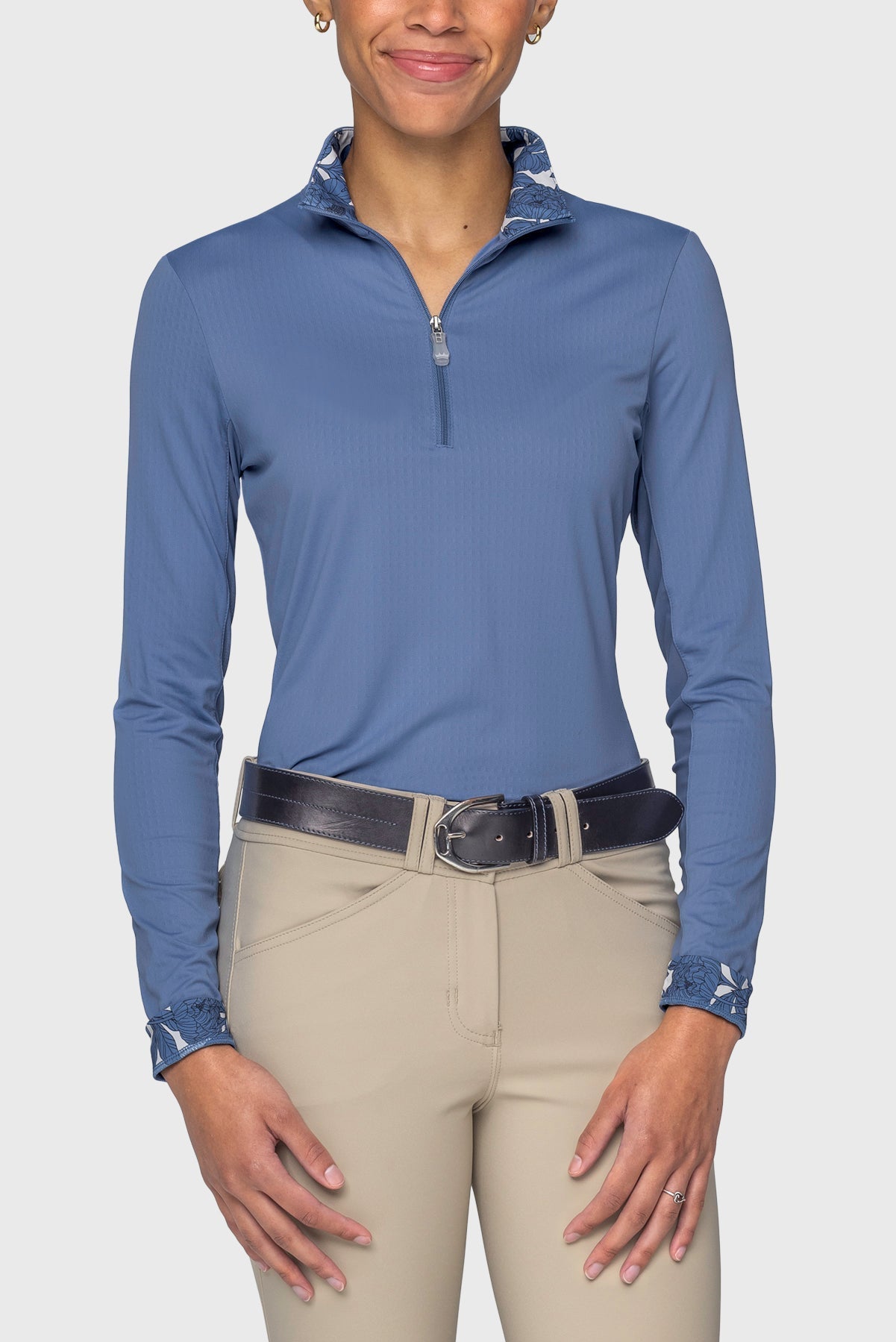 Kastel Denmark Pacific Blue Solid W/ Pacific Blue Wild Rose Inner Print Long Sleeve 1/4 Zip Sun Shirt - Kastel Denmark - Equiluxe Tack