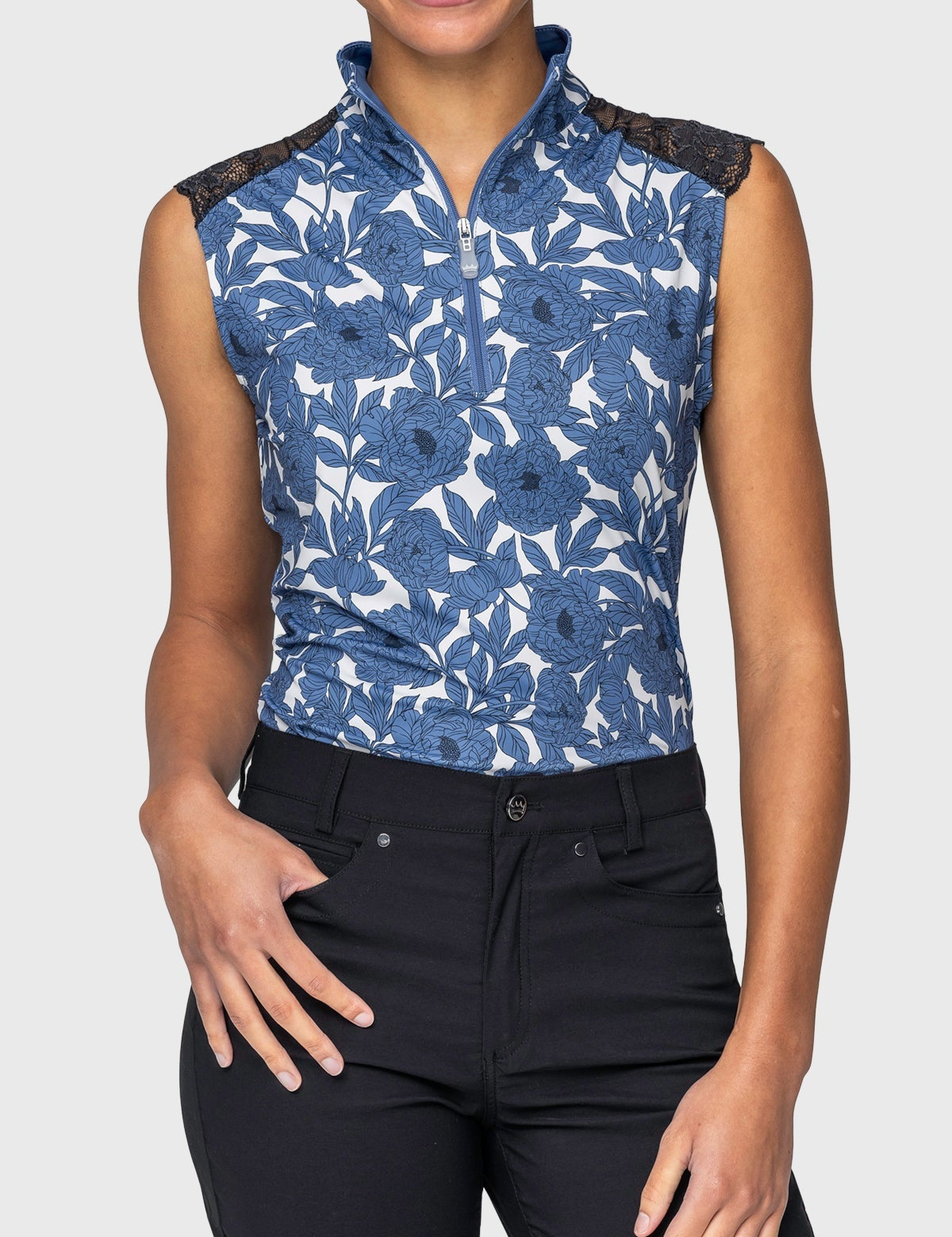 Kastel Denmark Pacific Blue Wild Rose Lace Shoulder Tank 1/4 Zip Sun Shirt - Kastel Denmark - Equiluxe Tack