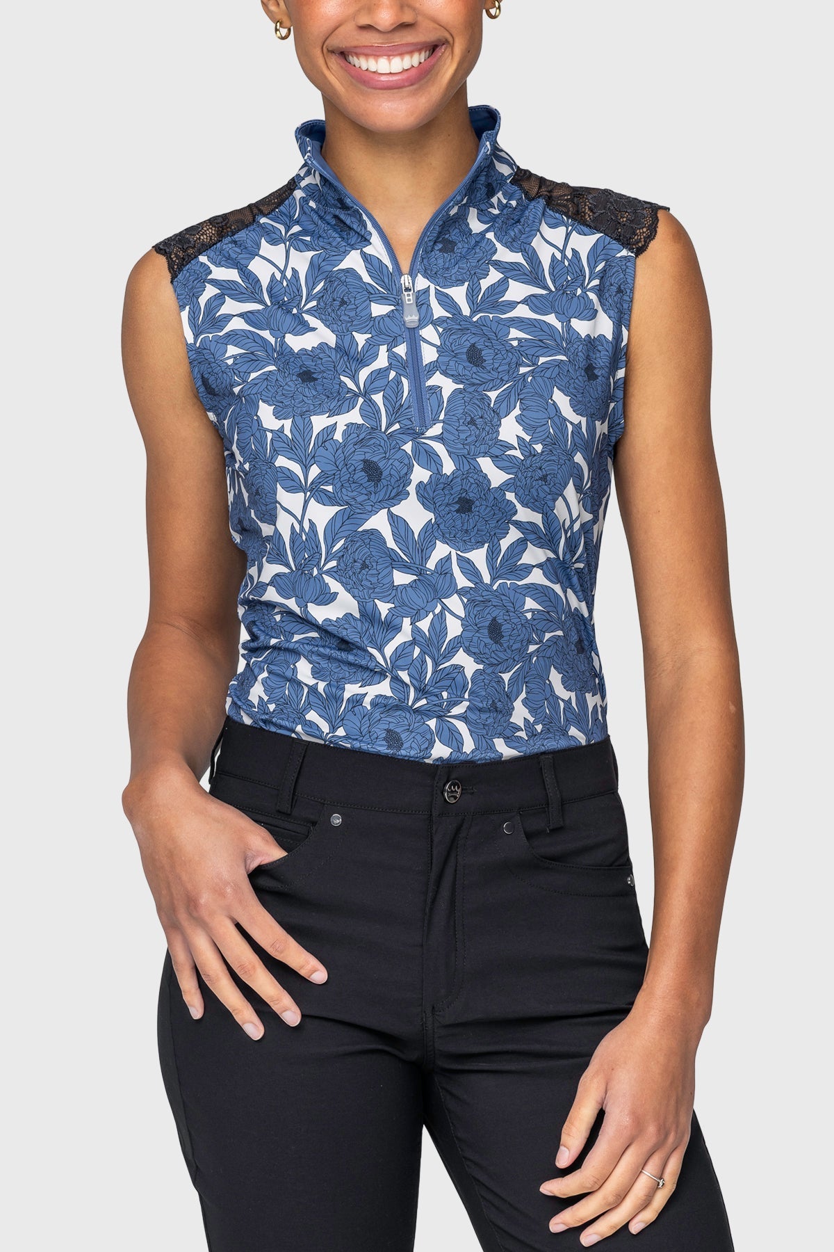 Kastel Denmark Pacific Blue Wild Rose Lace Shoulder Tank 1/4 Zip Sun Shirt - Kastel Denmark - Equiluxe Tack
