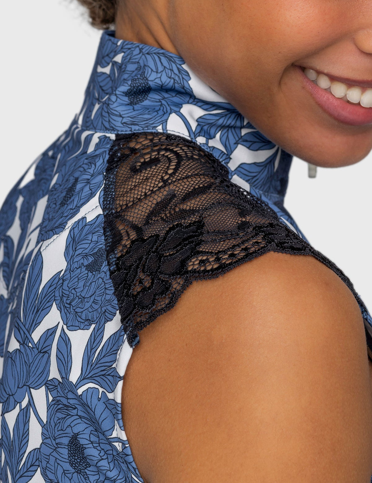 Kastel Denmark Pacific Blue Wild Rose Lace Shoulder Tank 1/4 Zip Sun Shirt - Kastel Denmark - Equiluxe Tack