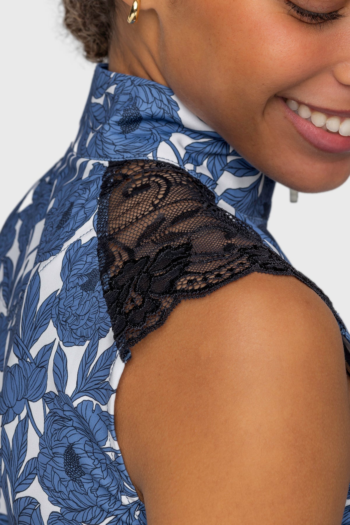 Kastel Denmark Pacific Blue Wild Rose Lace Shoulder Tank 1/4 Zip Sun Shirt - Kastel Denmark - Equiluxe Tack