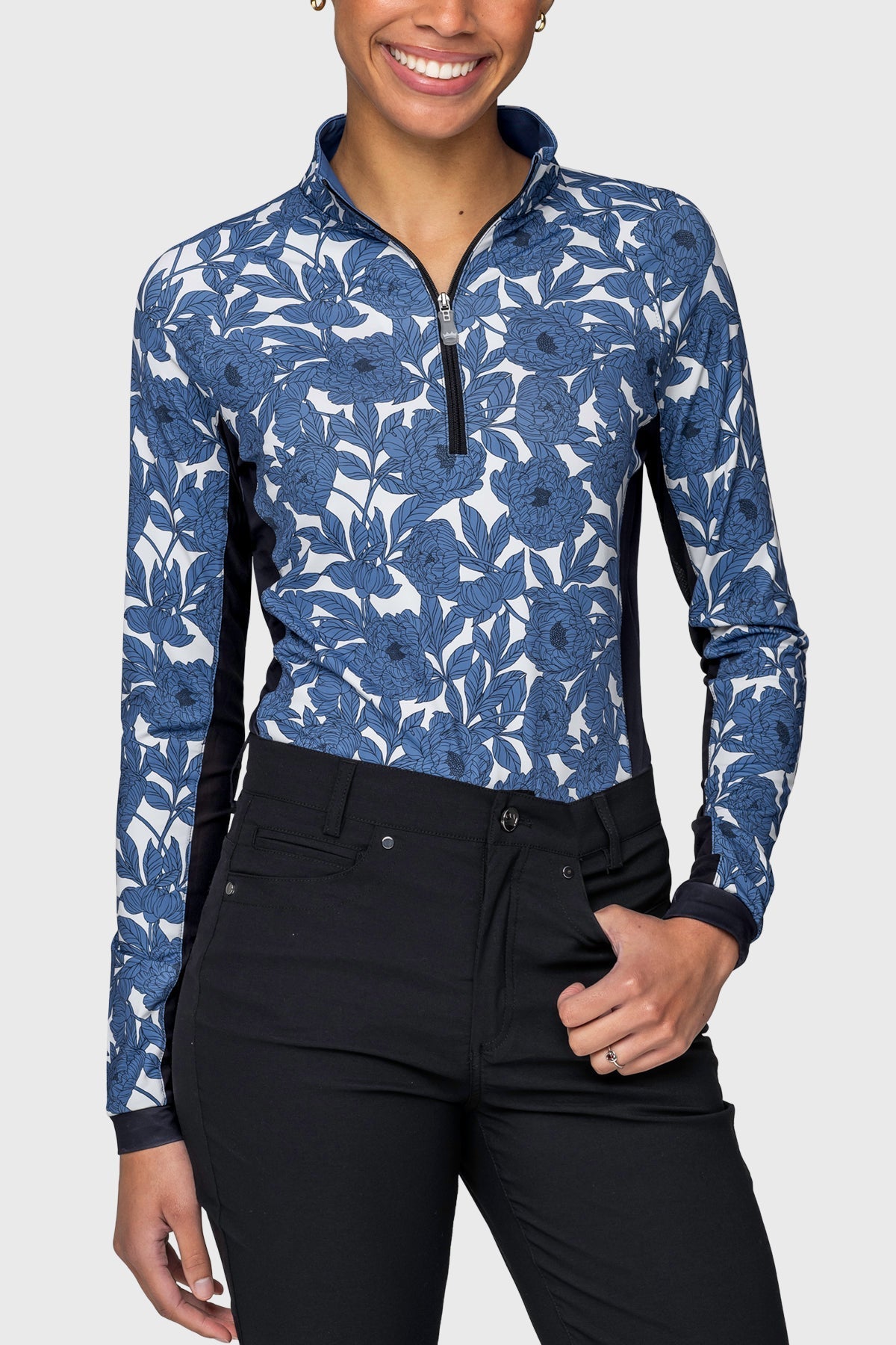 Kastel Denmark Pacific Blue Wild Rose W/ Black Panels Long Sleeve 1/4 Zip Sun Shirt - Kastel Denmark - Equiluxe Tack