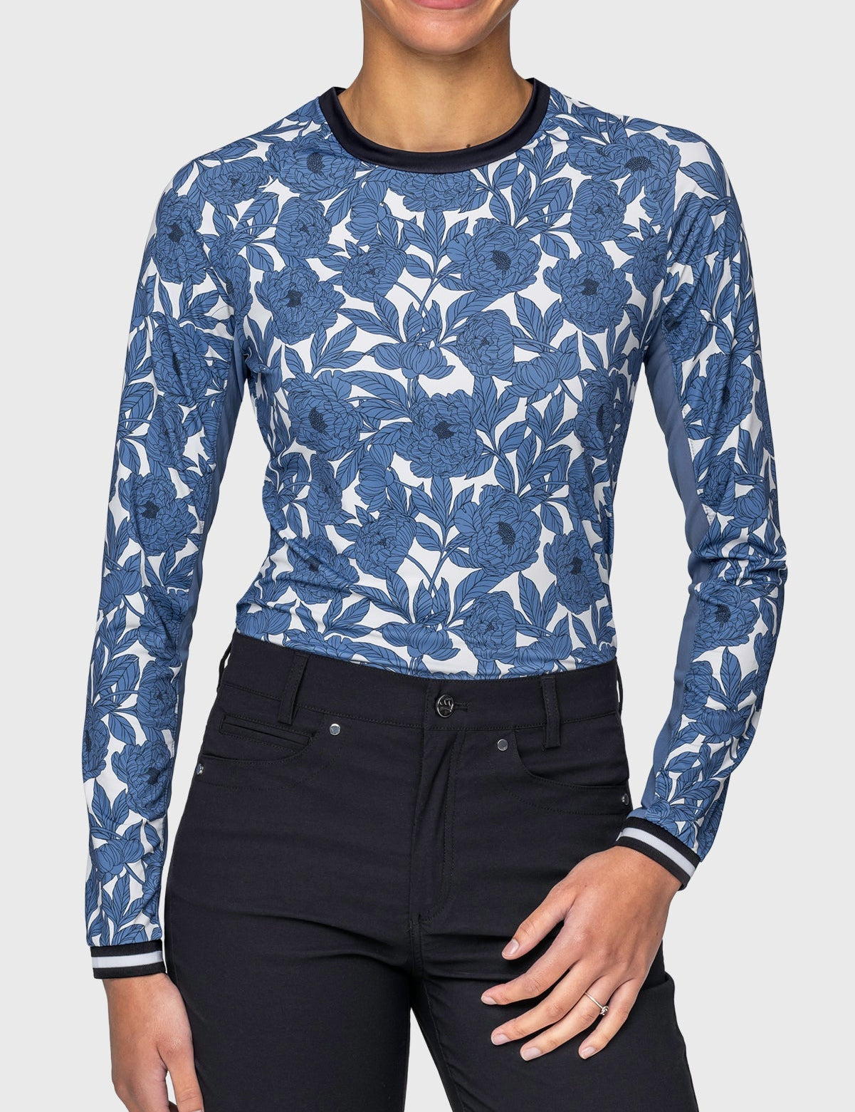 Kastel Denmark Pacific Blue Wild Rose W/ Striped Cuff Long Sleeve Crewneck - Kastel Denmark - Equiluxe Tack