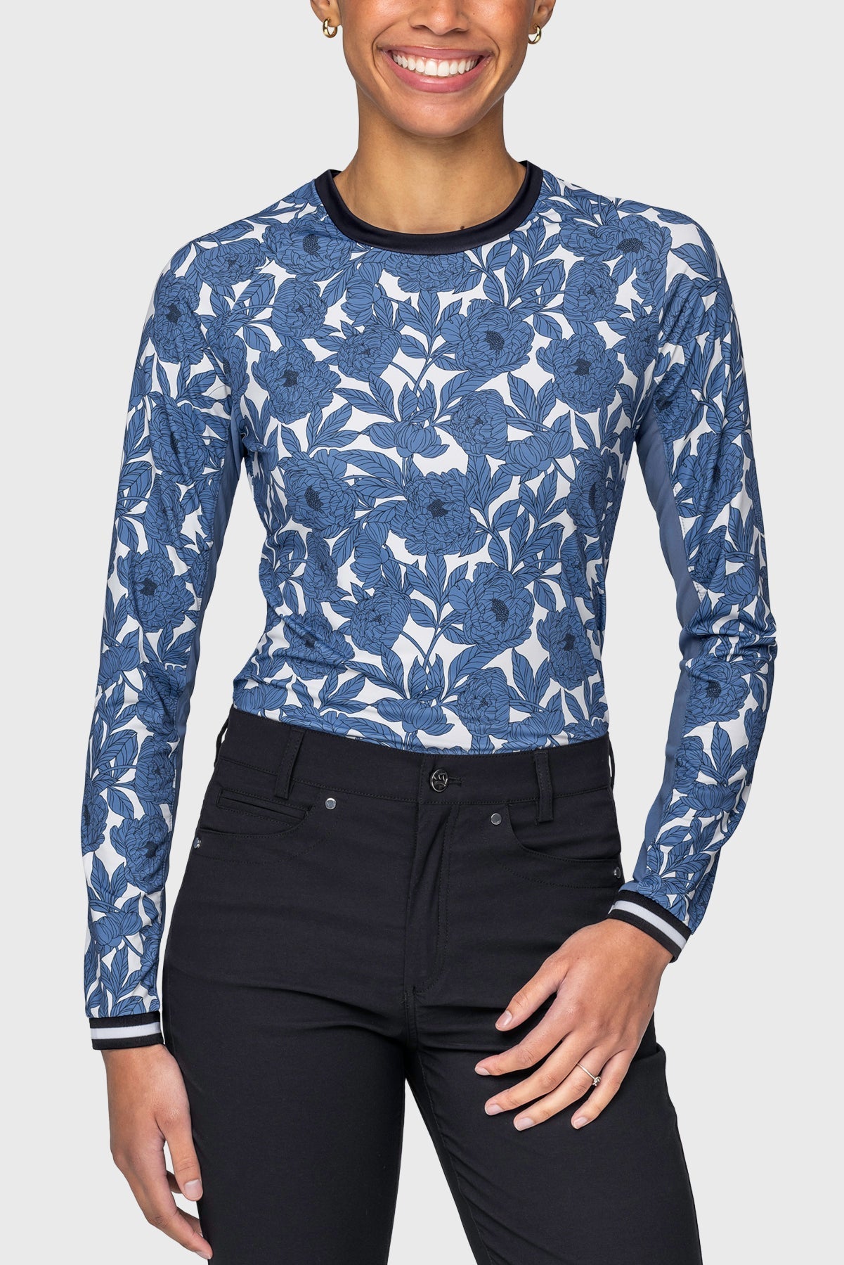 Kastel Denmark Pacific Blue Wild Rose W/ Striped Cuff Long Sleeve Crewneck - Kastel Denmark - Equiluxe Tack