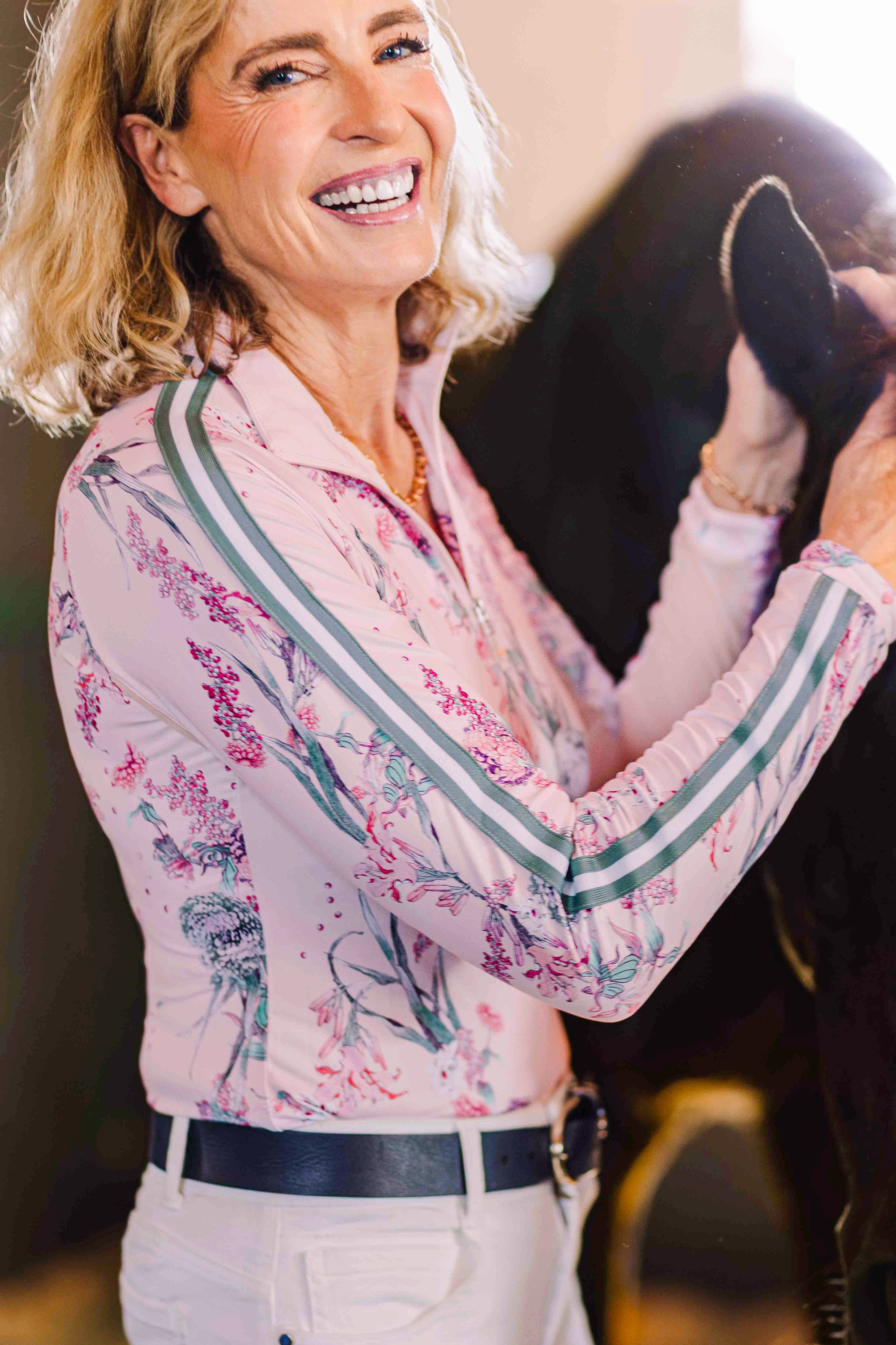Kastel Denmark Pink Tea Garden 1/4 Zip Long Sleeve Shirt w/Striped Trim - Kastel Denmark - Equiluxe Tack