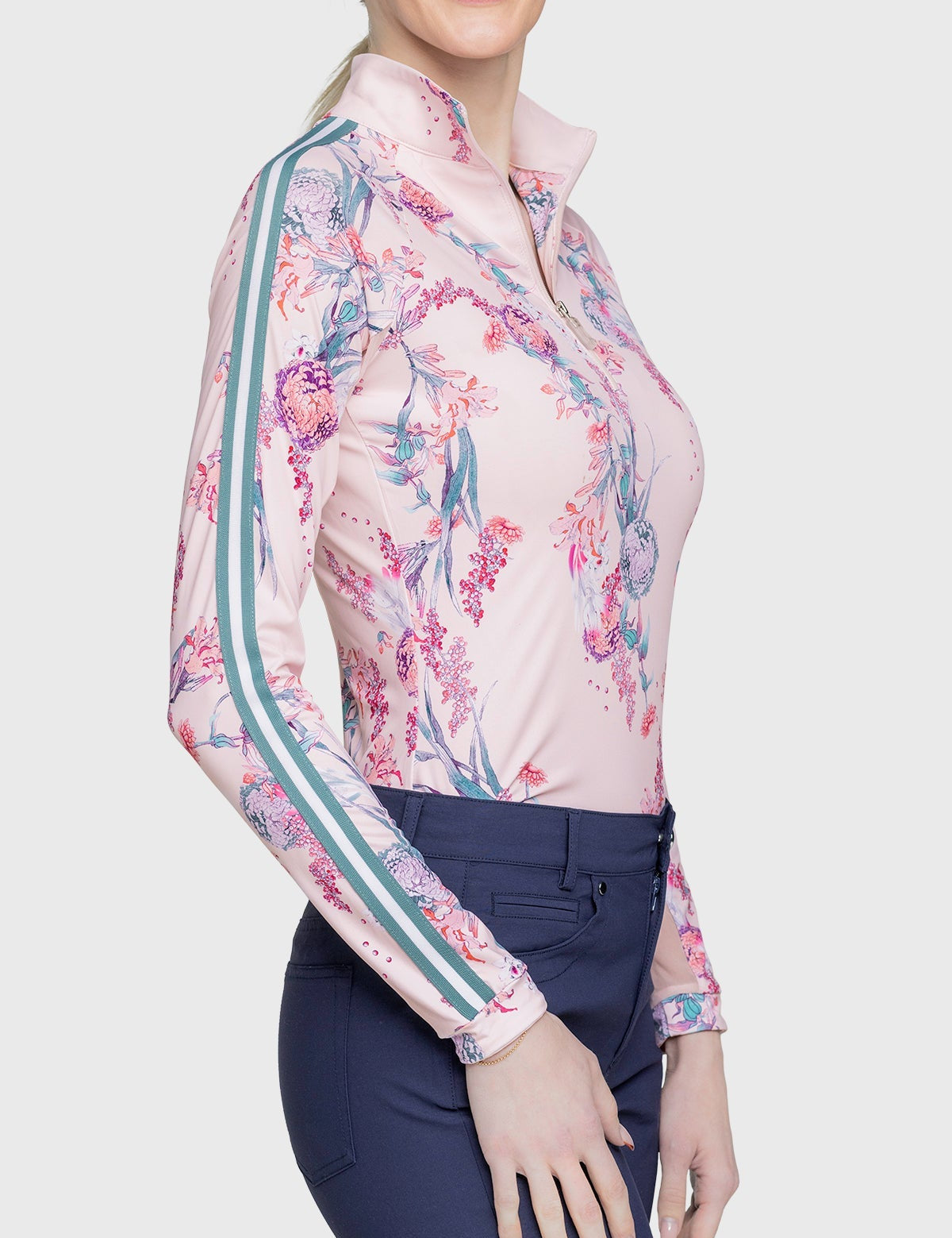 Kastel Denmark Pink Tea Garden 1/4 Zip Long Sleeve Shirt w/Striped Trim - Kastel Denmark - Equiluxe Tack