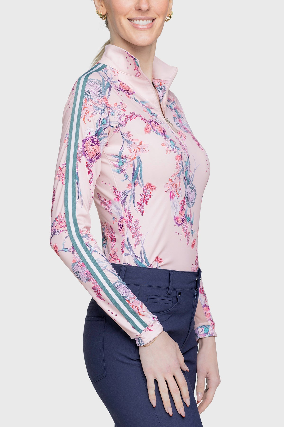 Kastel Denmark Pink Tea Garden 1/4 Zip Long Sleeve Shirt w/Striped Trim - Kastel Denmark - Equiluxe Tack