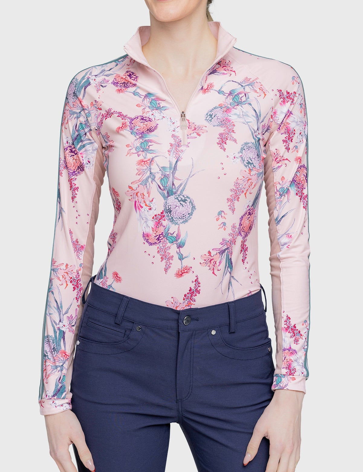 Kastel Denmark Pink Tea Garden 1/4 Zip Long Sleeve Shirt w/Striped Trim - Kastel Denmark - Equiluxe Tack