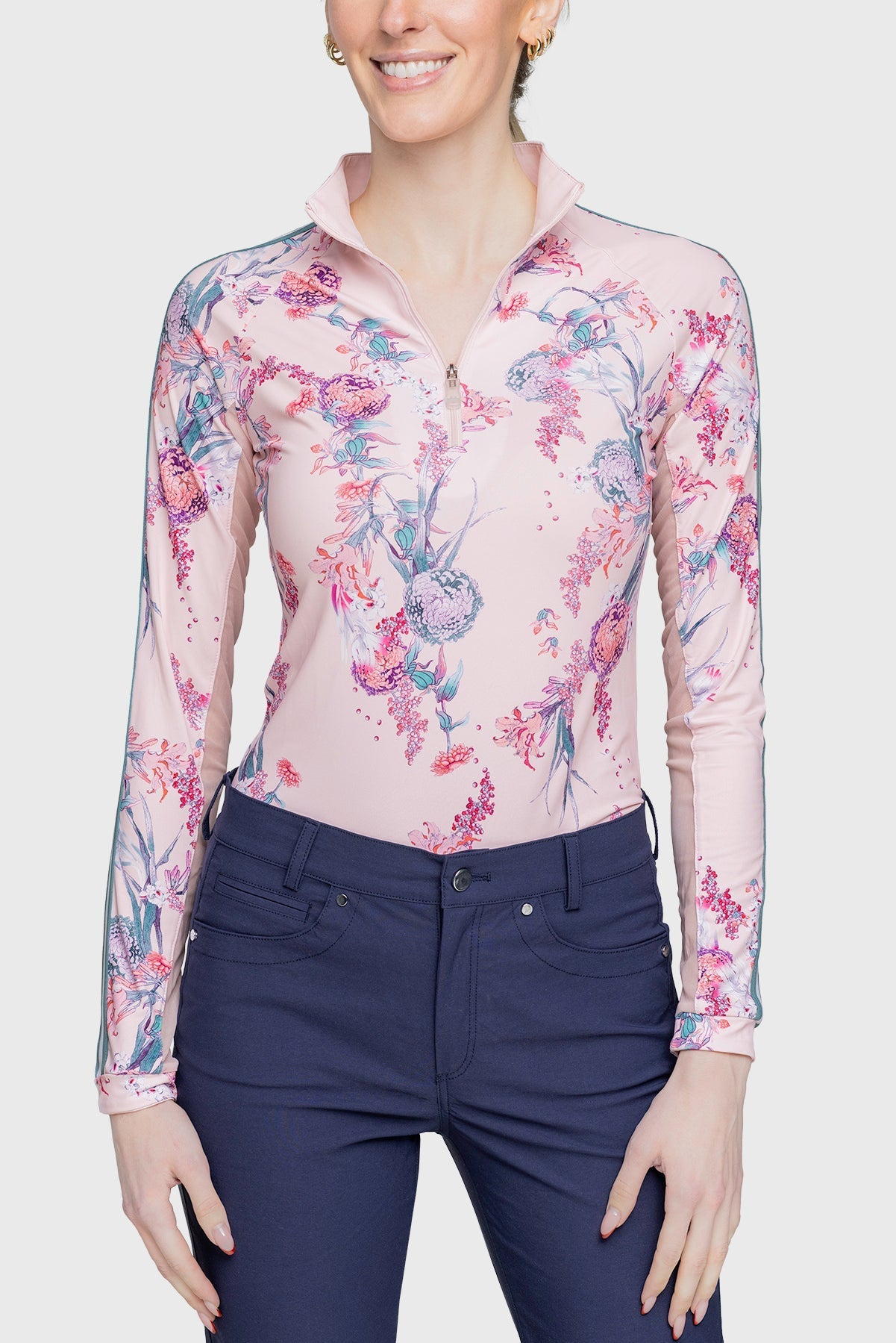 Kastel Denmark Pink Tea Garden 1/4 Zip Long Sleeve Shirt w/Striped Trim - Kastel Denmark - Equiluxe Tack