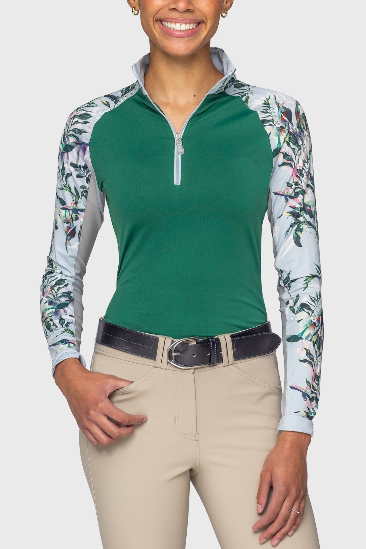 Kastel Denmark Powder Blue Botanical W/ Foliage Green Body Raglan Long Sleeve 1/4 Zip Sun Shirt - Kastel Denmark - Equiluxe Tack