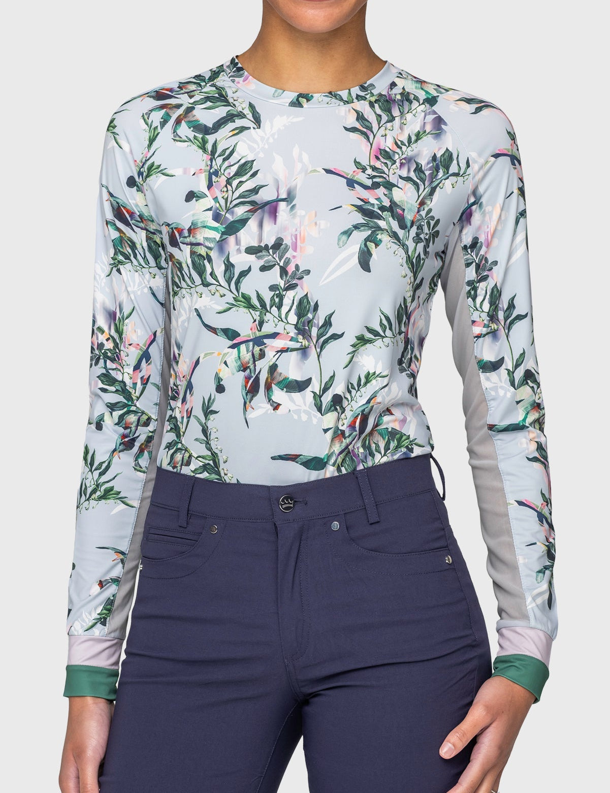 Kastel Denmark Powder Blue Botanical W/ Striped Cuff Long Sleeve Crewneck Sun Shirt - Kastel Denmark - Equiluxe Tack