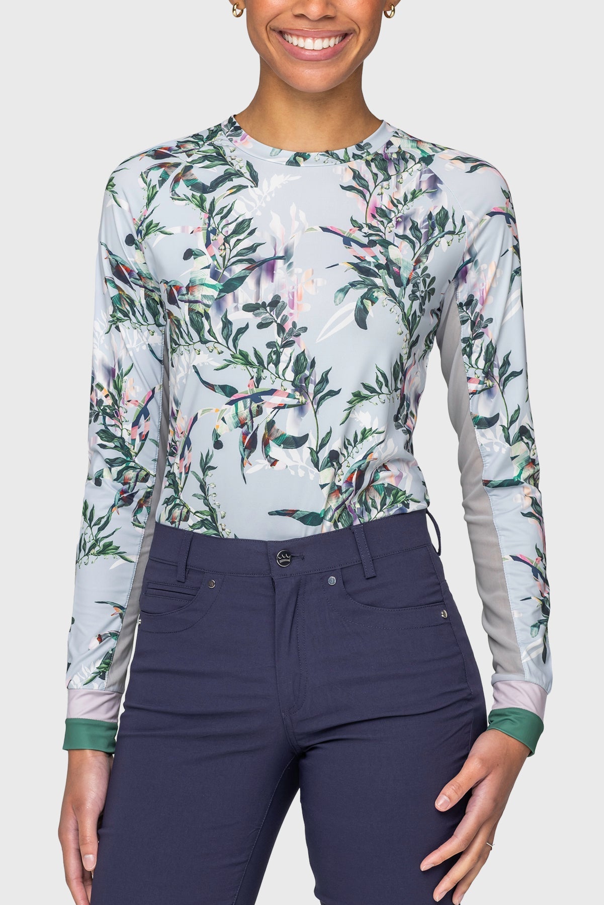 Kastel Denmark Powder Blue Botanical W/ Striped Cuff Long Sleeve Crewneck Sun Shirt - Kastel Denmark - Equiluxe Tack