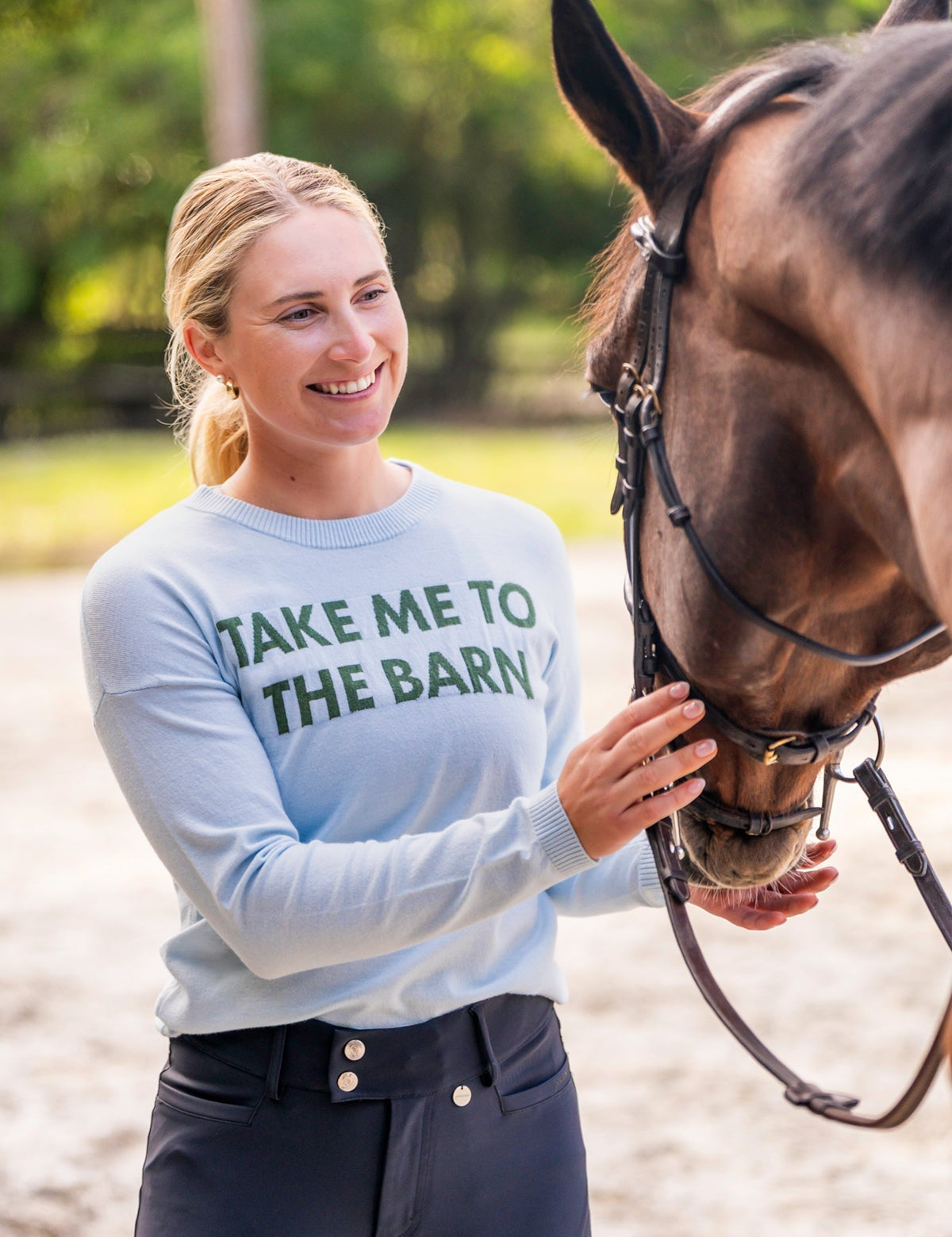 Kastel Denmark "Take Me To The Barn" Long Sleeve Crewneck Sweater in Powder Blue & Foliage Green - Kastel Denmark - Equiluxe Tack