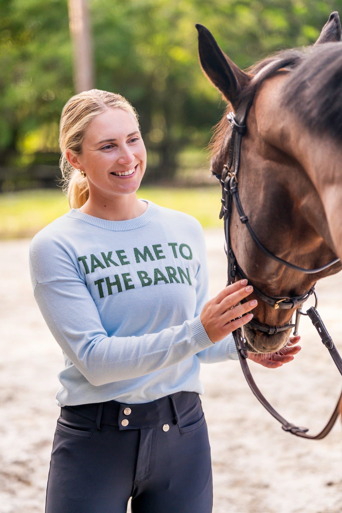 Kastel Denmark "Take Me To The Barn" Long Sleeve Crewneck Sweater in Powder Blue & Foliage Green - Kastel Denmark - Equiluxe Tack