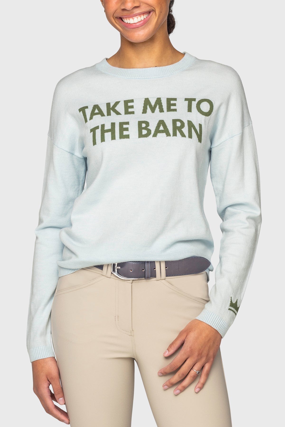 Kastel Denmark "Take Me To The Barn" Long Sleeve Crewneck Sweater in Powder Blue & Foliage Green - Kastel Denmark - Equiluxe Tack