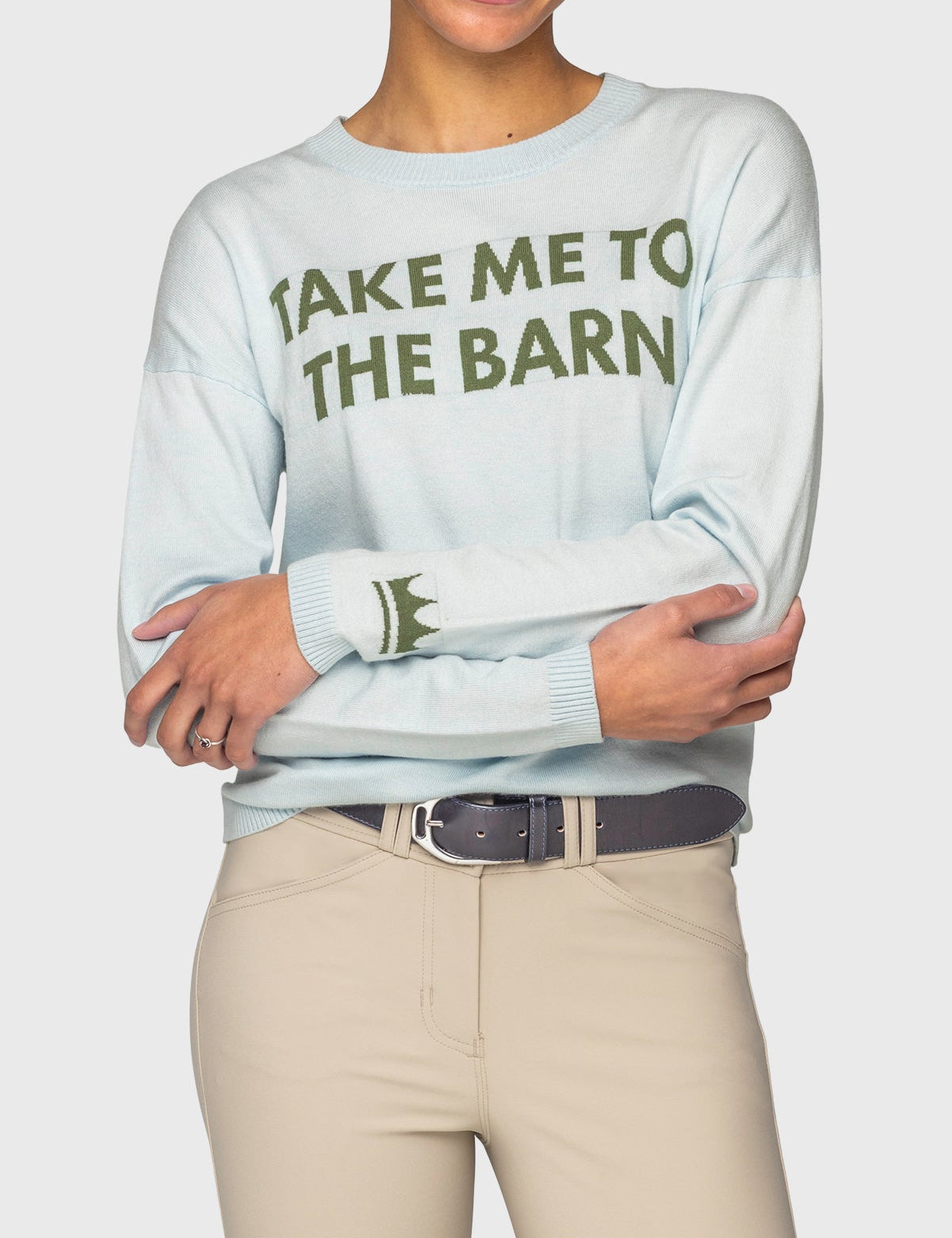 Kastel Denmark "Take Me To The Barn" Long Sleeve Crewneck Sweater in Powder Blue & Foliage Green - Kastel Denmark - Equiluxe Tack