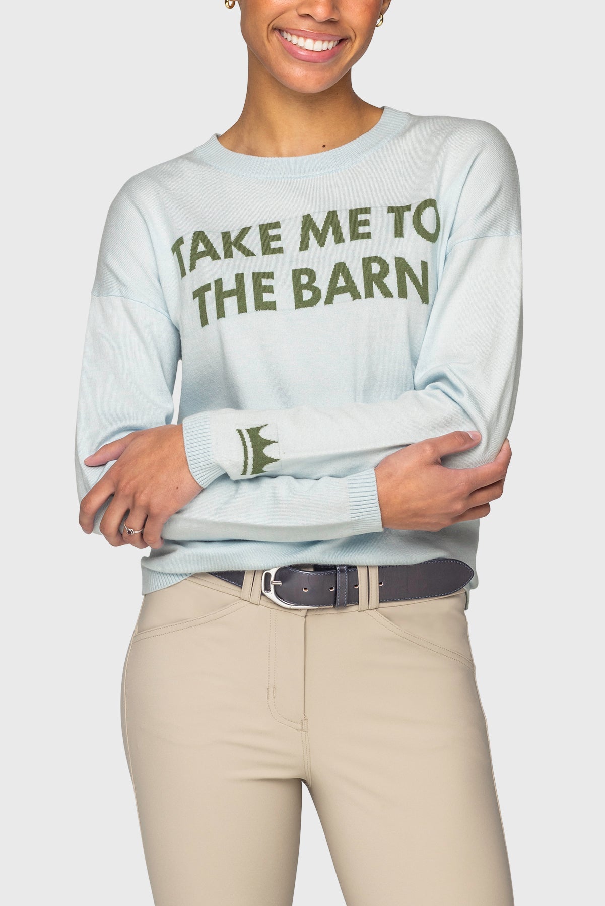 Kastel Denmark "Take Me To The Barn" Long Sleeve Crewneck Sweater in Powder Blue & Foliage Green - Kastel Denmark - Equiluxe Tack