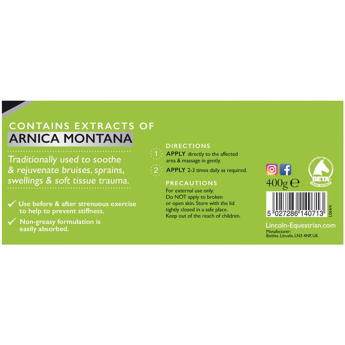 Lincoln Arnica Cream - 400g - Lincoln - Equiluxe Tack