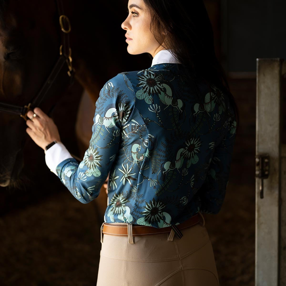 Mint Magic on Harbor Blue Button Show Shirt - Espoir Equestrian - Equiluxe Tack