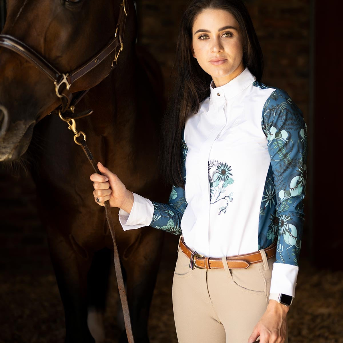 Mint Magic on Harbor Blue Button Show Shirt - Espoir Equestrian - Equiluxe Tack