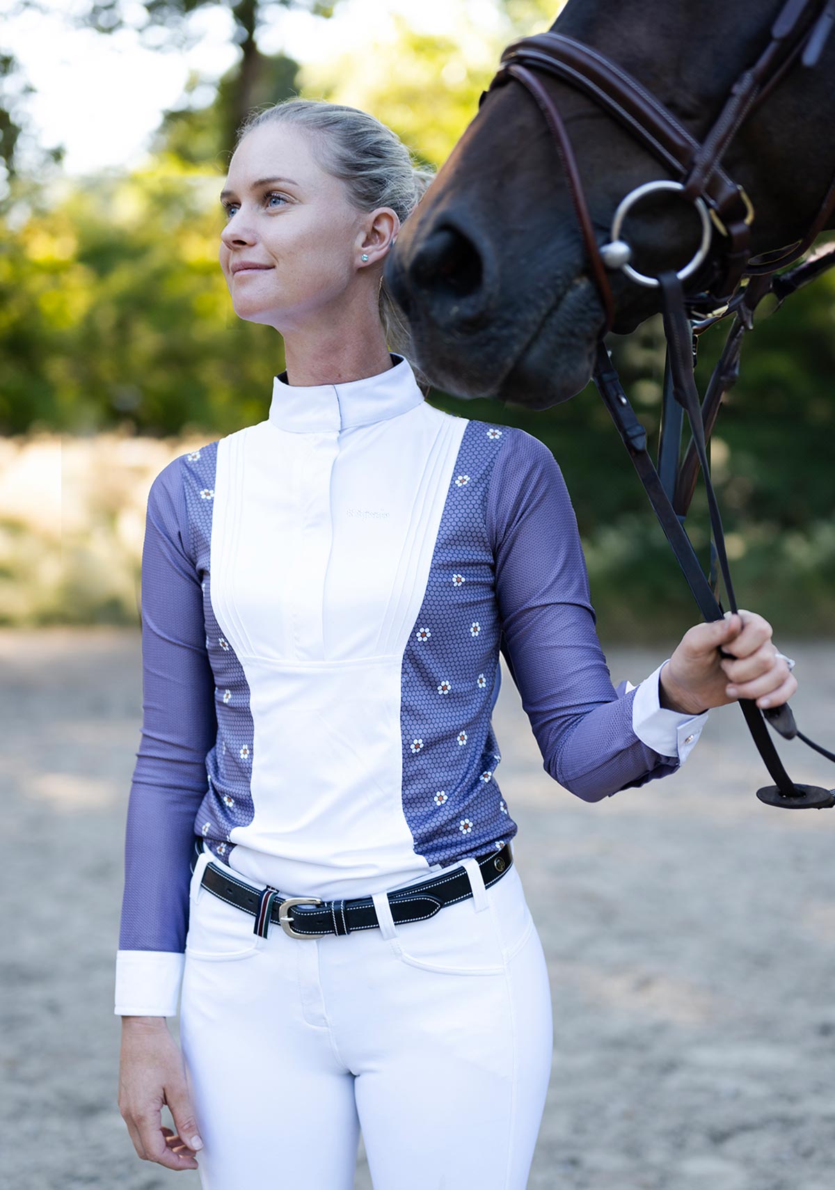 Mosaic Daises in Lavender Short Pleated Long Sleeve Show Shirt - Espoir Equestrian - Equiluxe Tack