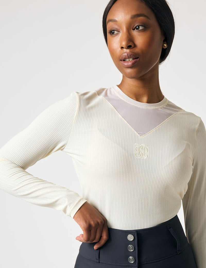 PS of Sweden Leandra Long Sleeve Striped Mesh Top - Vanilla Beige - PS of Sweden - Equiluxe Tack