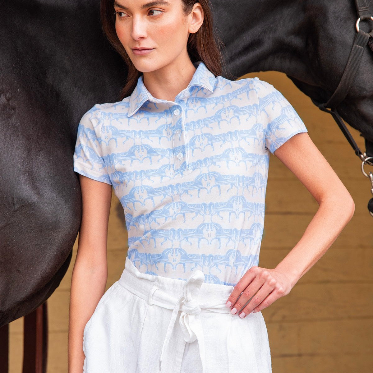 Rönner Cotton Comfort Polo - Shirt - Steed Print | Light Blue - Rönner - Equiluxe Tack