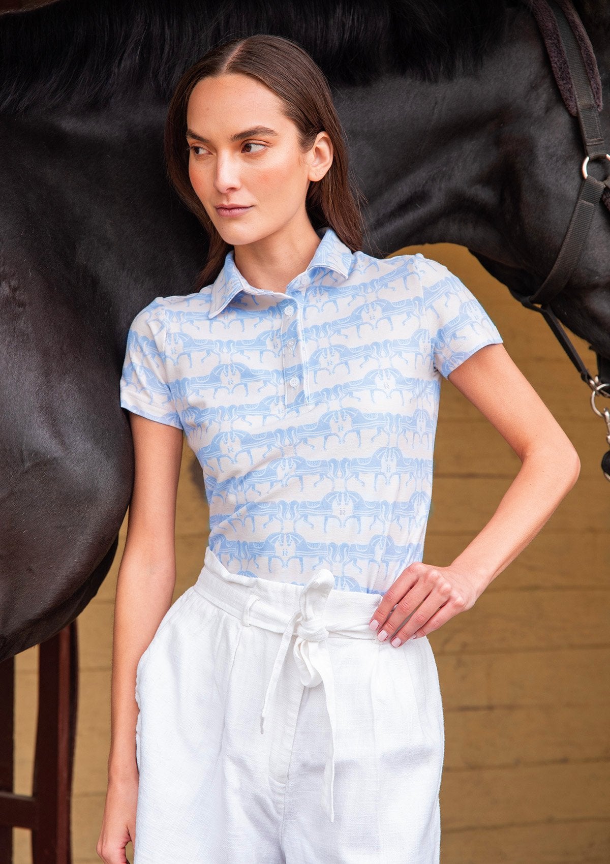 Rönner Cotton Comfort Polo - Shirt - Steed Print | Light Blue - Rönner - Equiluxe Tack