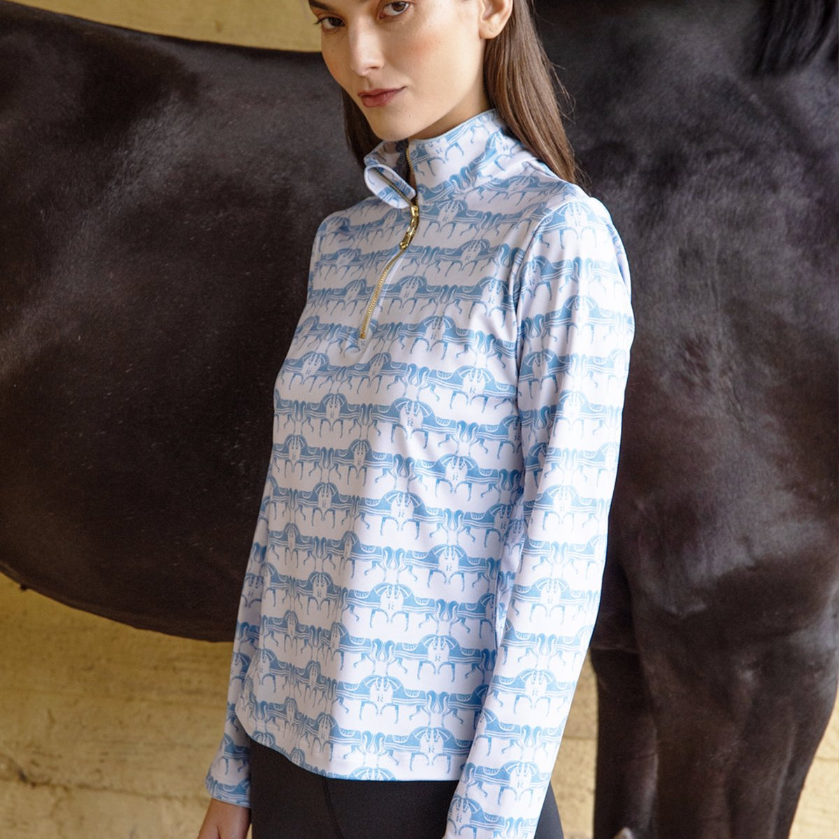 Rönner Harmony Quarter Zip Steed Print | Long Sleeve | Sky - Rönner - Equiluxe Tack