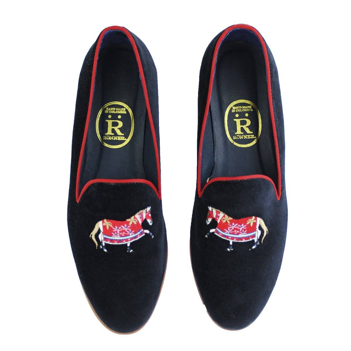 Rönner Mimosa Slippers Araminta Horse | Navy and red embroidery - Rönner - Equiluxe Tack