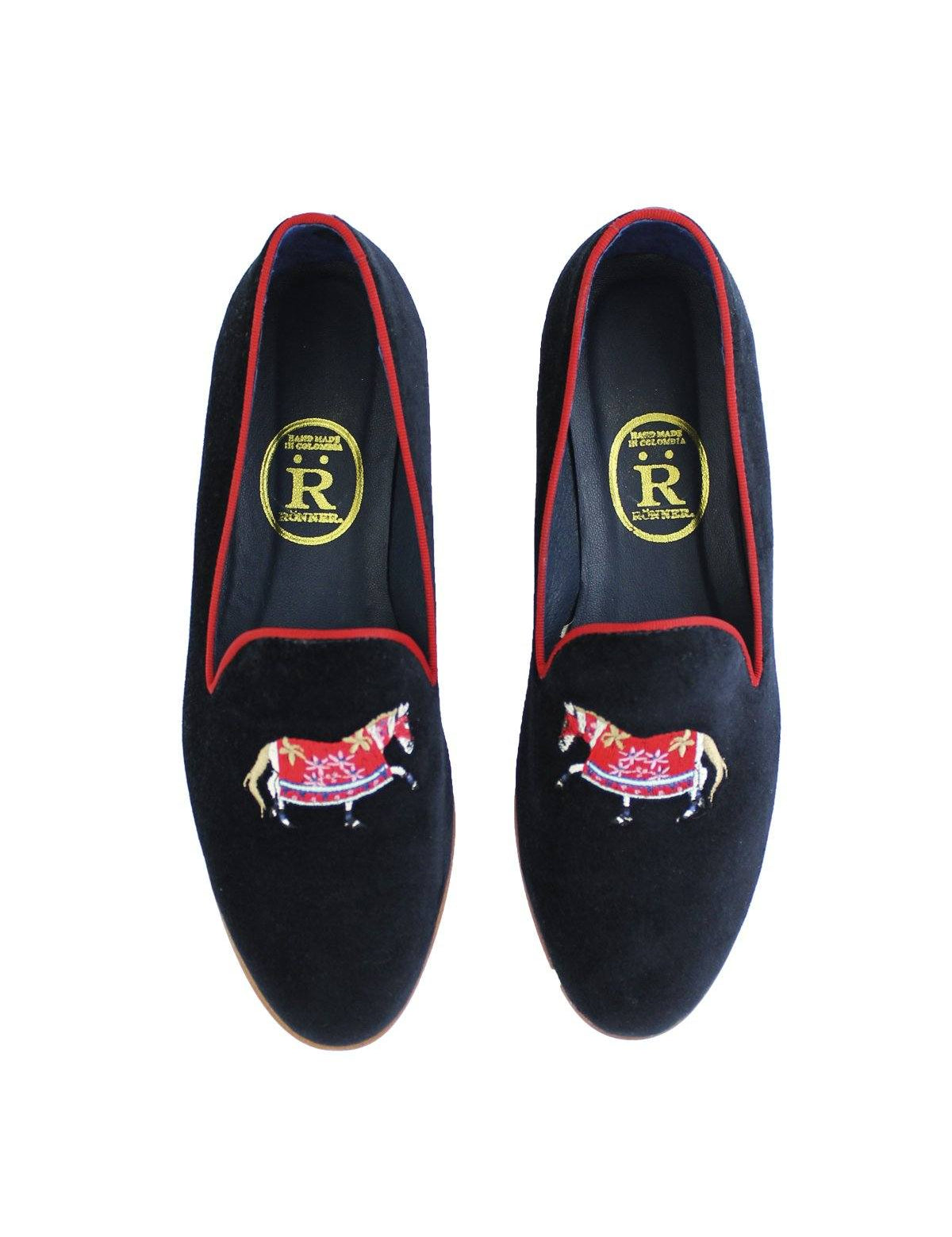 Rönner Mimosa Slippers Araminta Horse | Navy and red embroidery - Rönner - Equiluxe Tack