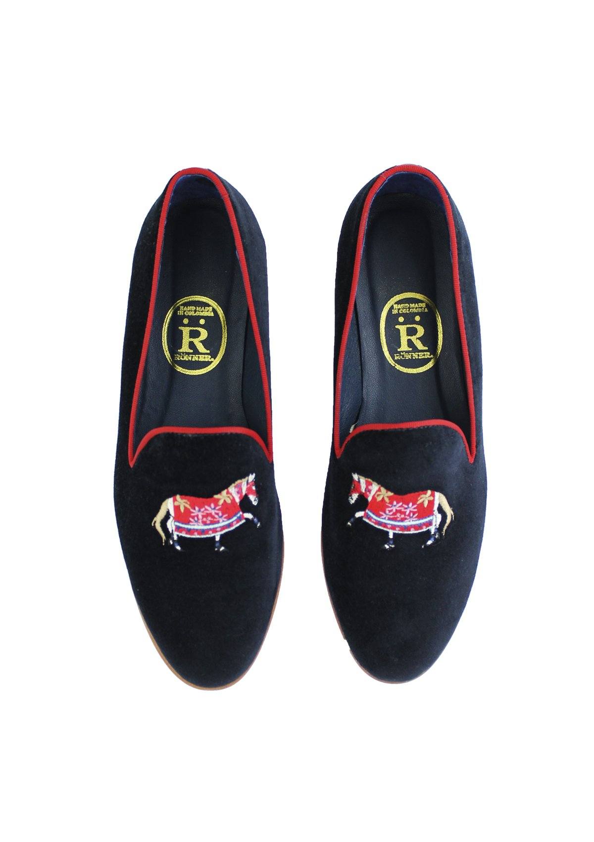 Rönner Mimosa Slippers Araminta Horse | Navy and red embroidery - Rönner - Equiluxe Tack