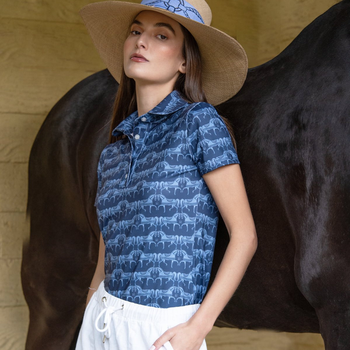 Rönner Noelia Classic Polo - Shirt Short Sleeve Steed Print | Sapphire - Rönner - Equiluxe Tack