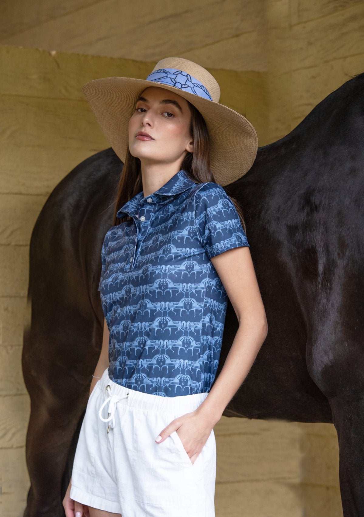 Rönner Noelia Classic Polo - Shirt Short Sleeve Steed Print | Sapphire - Rönner - Equiluxe Tack