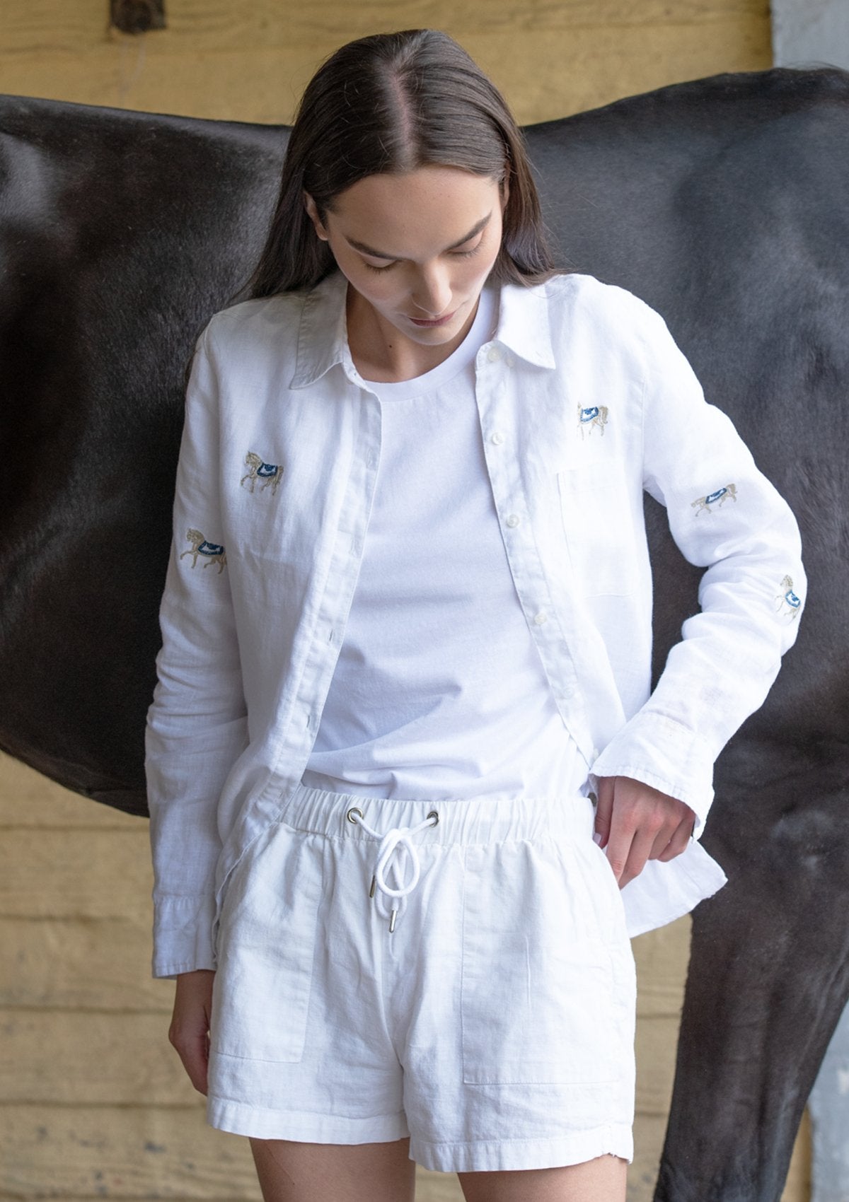 Rönner Sundown Embroidered Horses Linen Shirt | White - Rönner - Equiluxe Tack