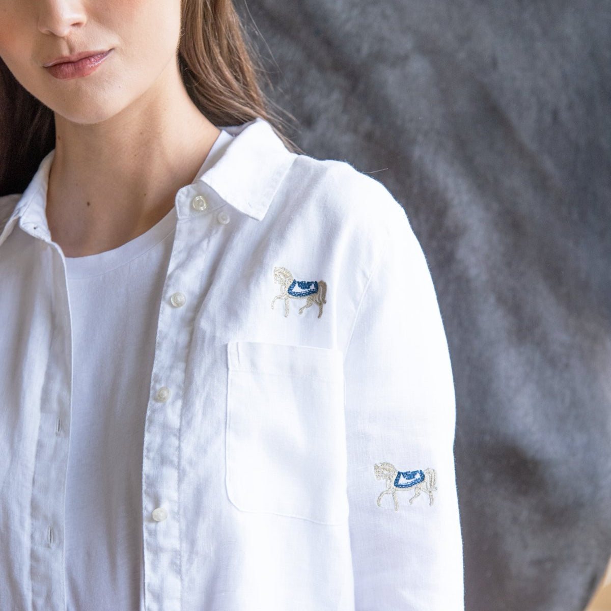 Rönner Sundown Embroidered Horses Linen Shirt | White - Rönner - Equiluxe Tack