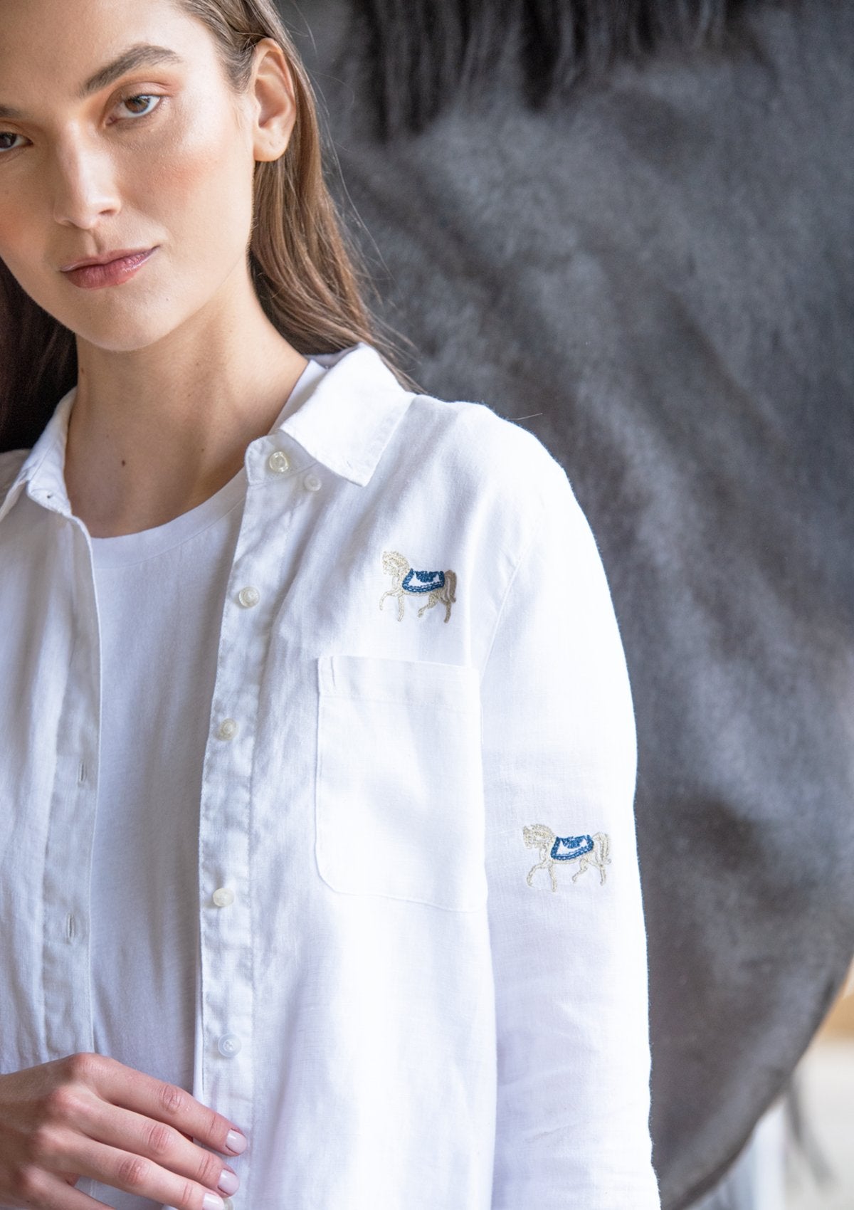 Rönner Sundown Embroidered Horses Linen Shirt | White - Rönner - Equiluxe Tack