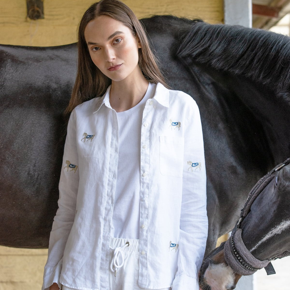 Rönner Sundown Embroidered Horses Linen Shirt | White - Rönner - Equiluxe Tack