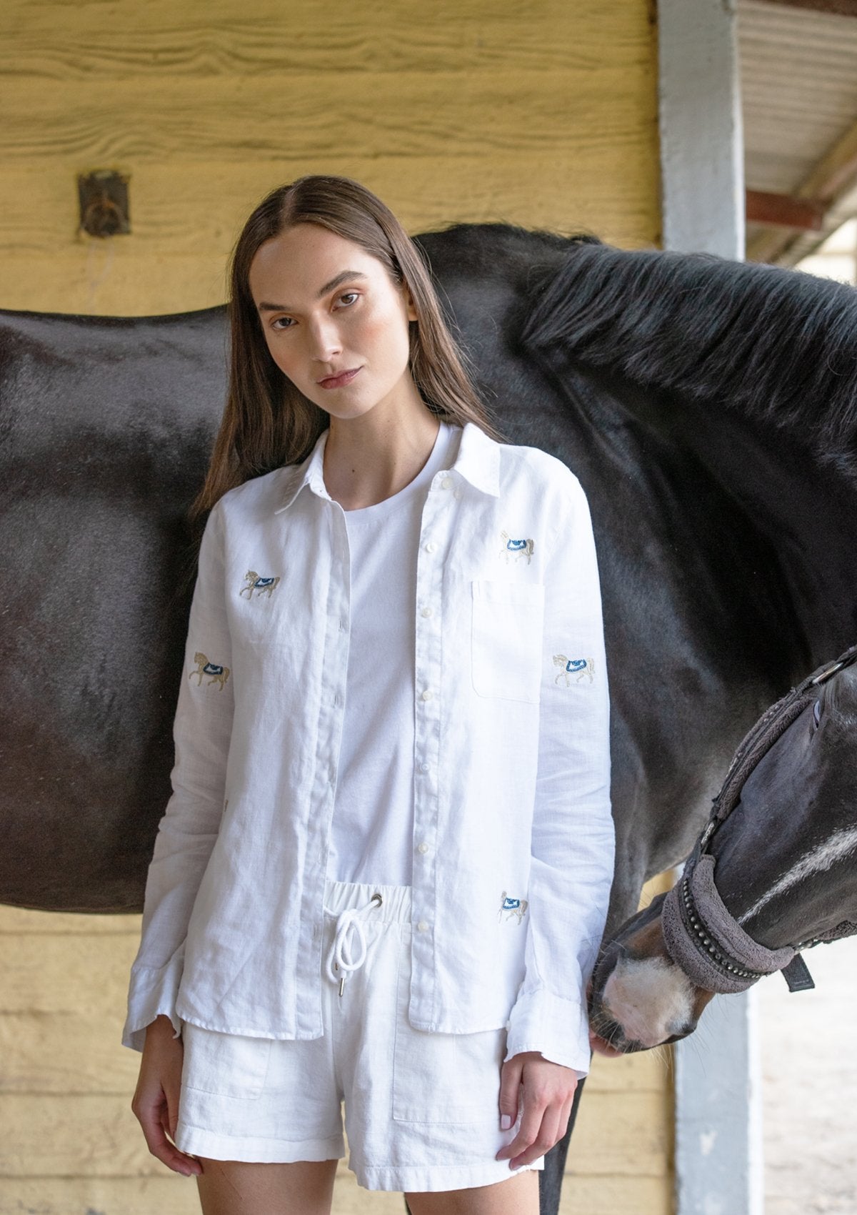 Rönner Sundown Embroidered Horses Linen Shirt | White - Rönner - Equiluxe Tack