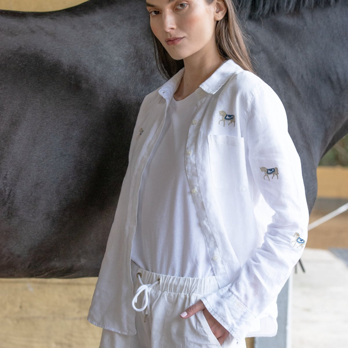 Rönner Sundown Embroidered Horses Linen Shirt | White - Rönner - Equiluxe Tack