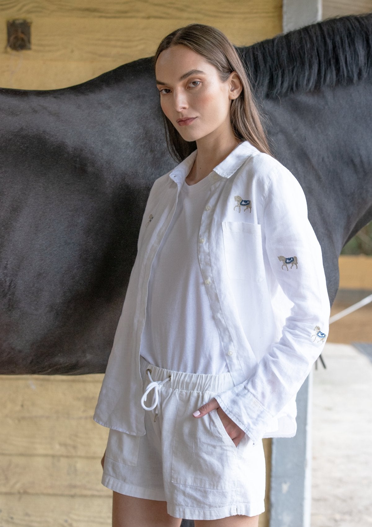 Rönner Sundown Embroidered Horses Linen Shirt | White - Rönner - Equiluxe Tack