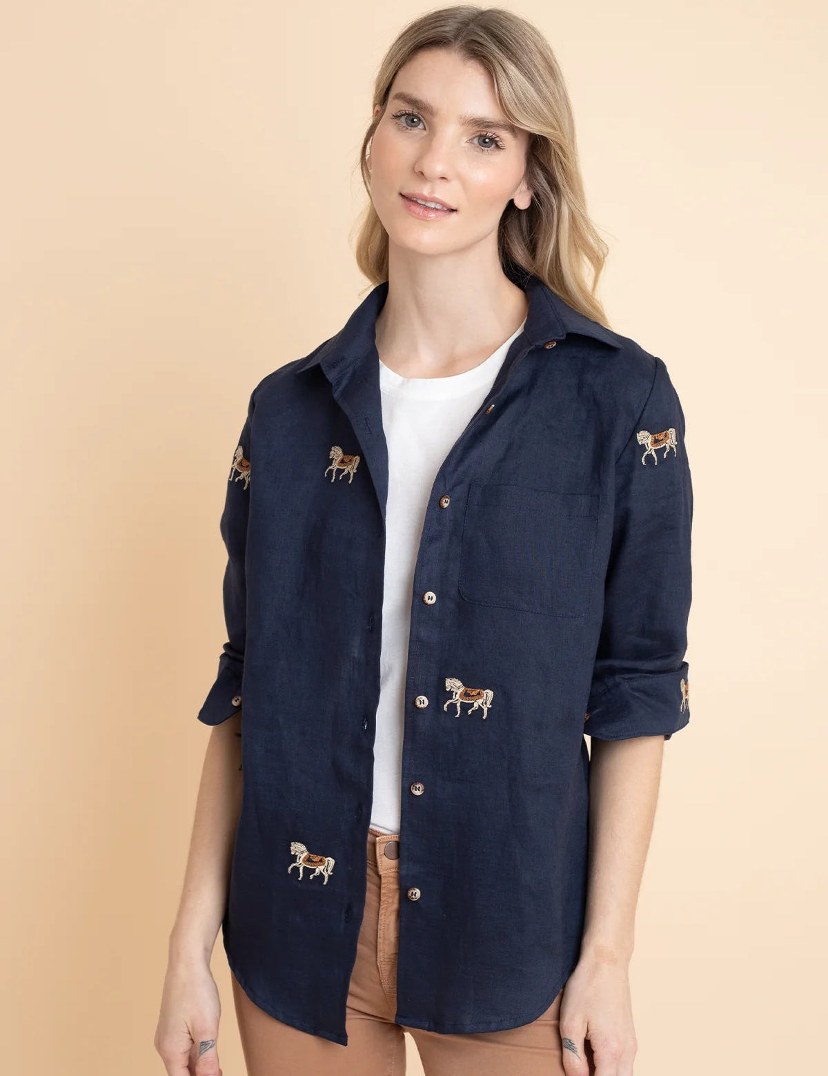 Rönner Sundown Linen Shirt | Long Sleeve | Embroidered Horses | Navy - Rönner - Equiluxe Tack