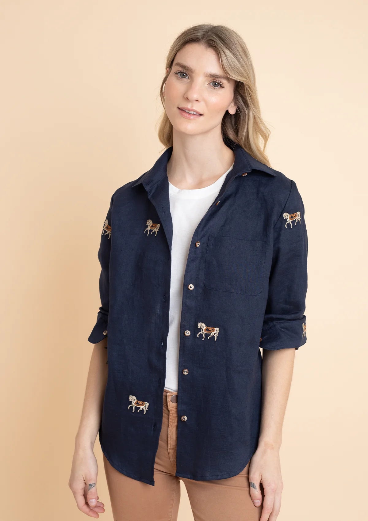 Rönner Sundown Linen Shirt | Long Sleeve | Embroidered Horses | Navy - Rönner - Equiluxe Tack