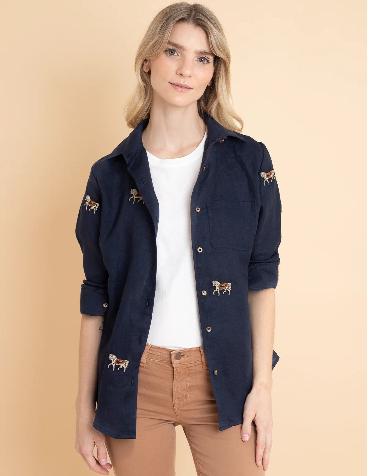 Rönner Sundown Linen Shirt | Long Sleeve | Embroidered Horses | Navy - Rönner - Equiluxe Tack