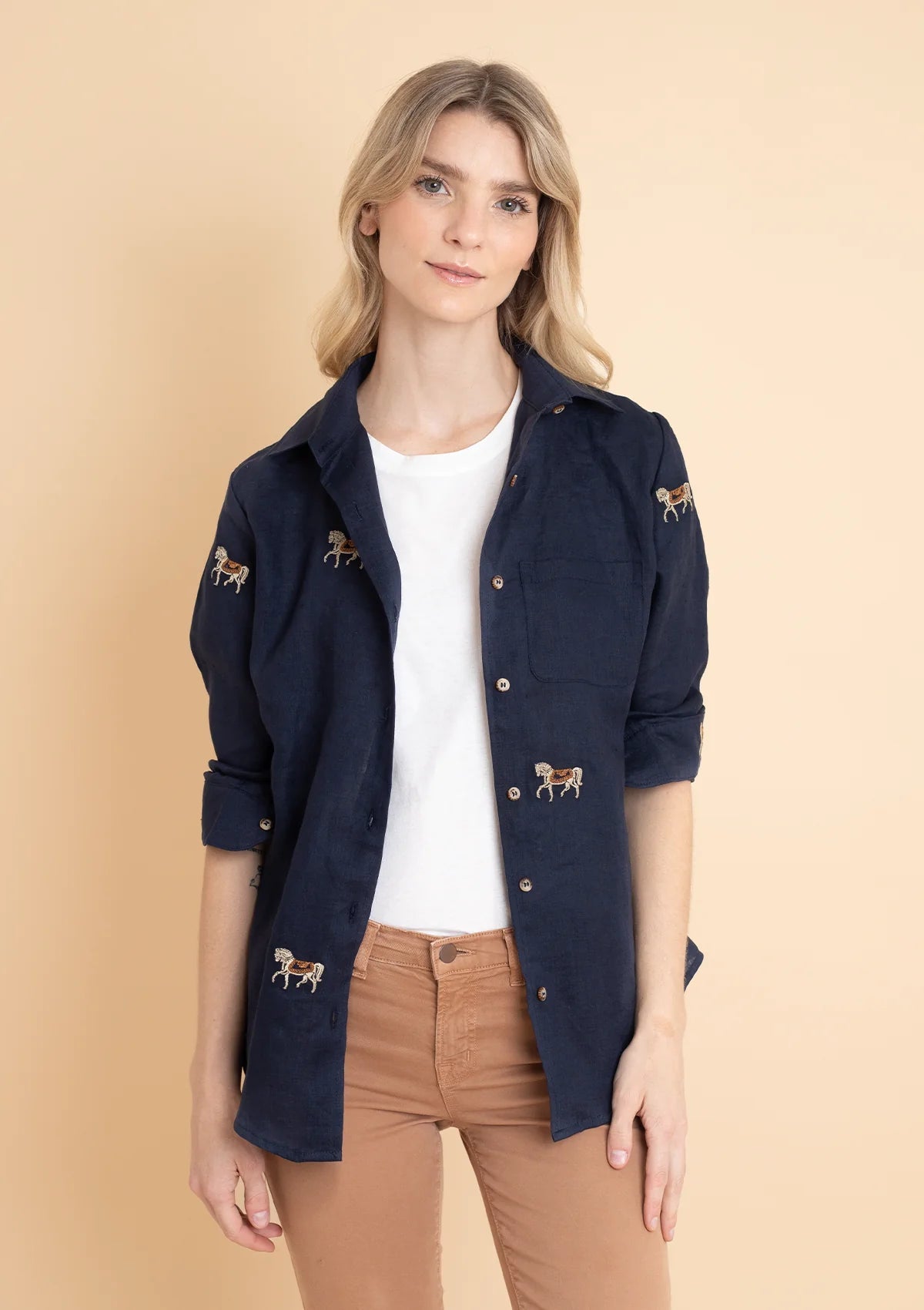Rönner Sundown Linen Shirt | Long Sleeve | Embroidered Horses | Navy - Rönner - Equiluxe Tack